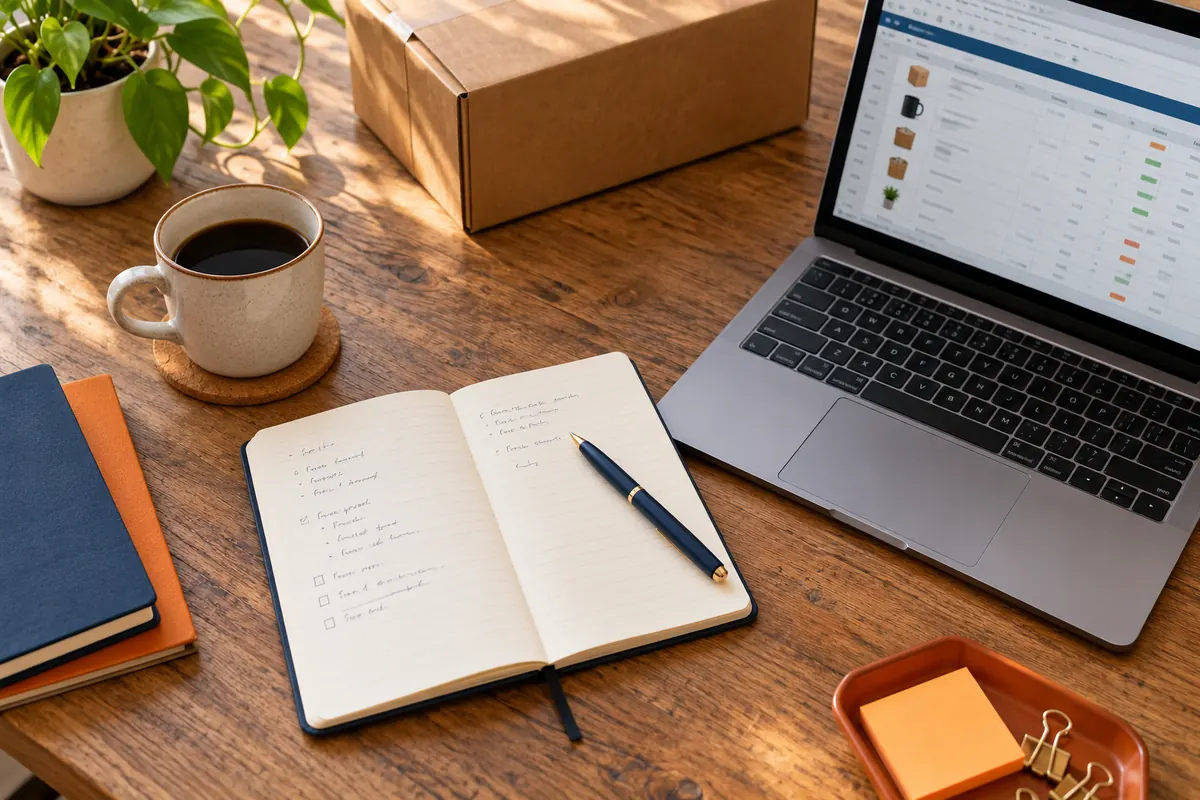 Cuaderno, portátil y embalaje preparados para revisar una consulta de venta online